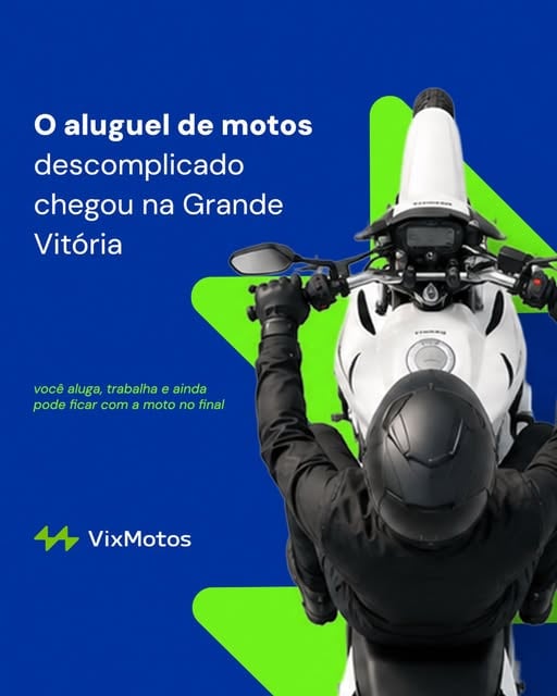 Post do Instagram da Vixmotos: peça gráfica sobre o lançamento do aluguel de motos na Grande Vitória, com motociclista segurando o guidão visto de cima
